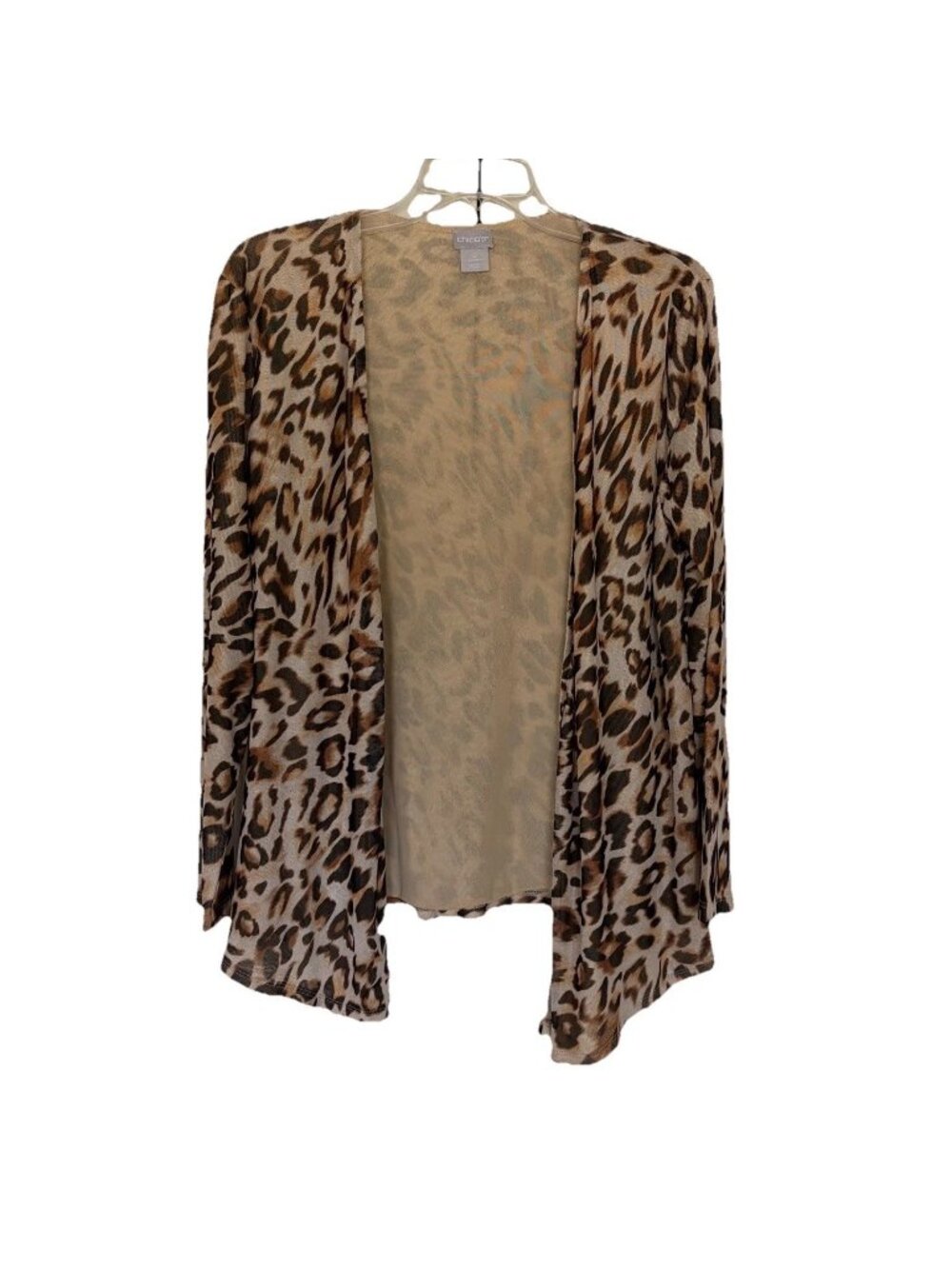 Chico’s Size 0 Small Brown Animal Print Open Front Cardigan Top Sheer Mesh